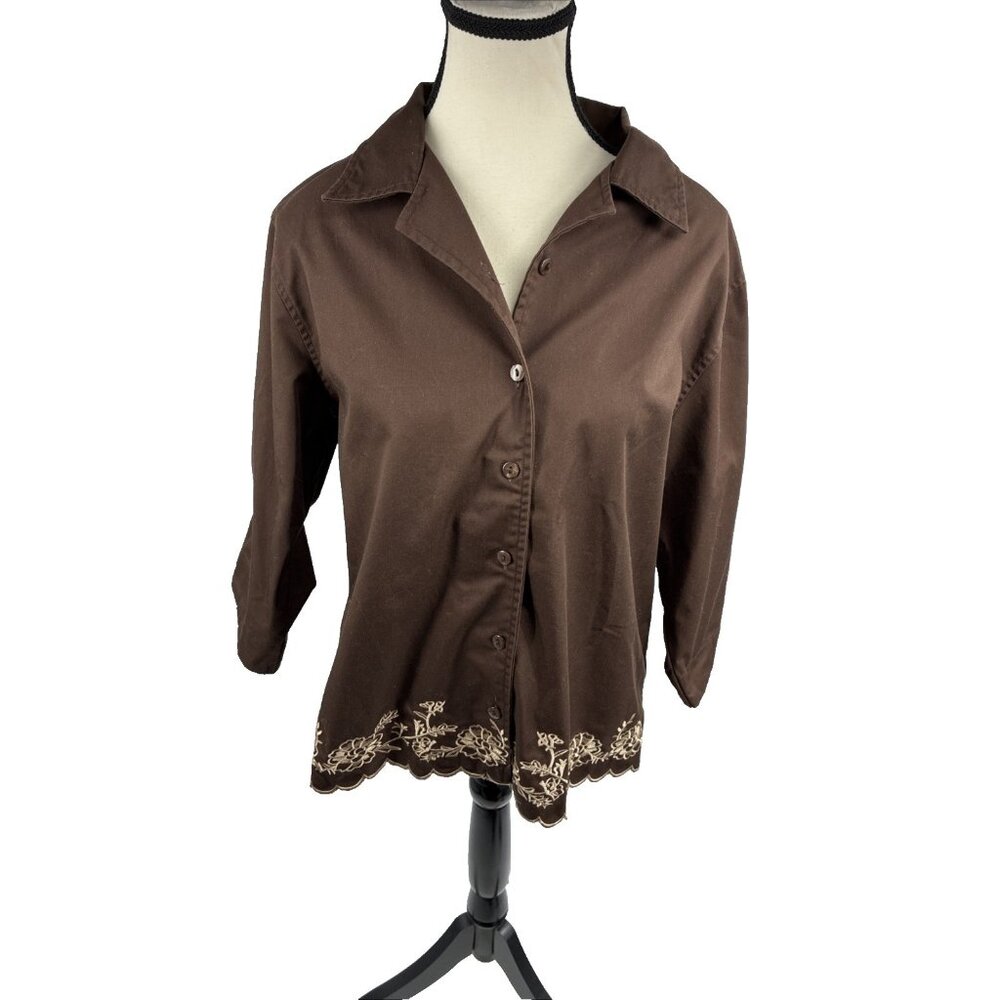 Bon Worth Womens Button Front Blouse Brown Embroidered Hem 3/4 Sleeve SP